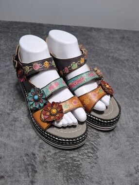 L'ATISTE Spring Step Multicolor Floral Leather Slingback Sandals Hand Painted 38